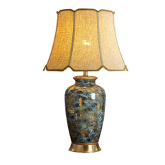 Blue Hand-Painted Ceramic Table Lamp with Fabric Shade