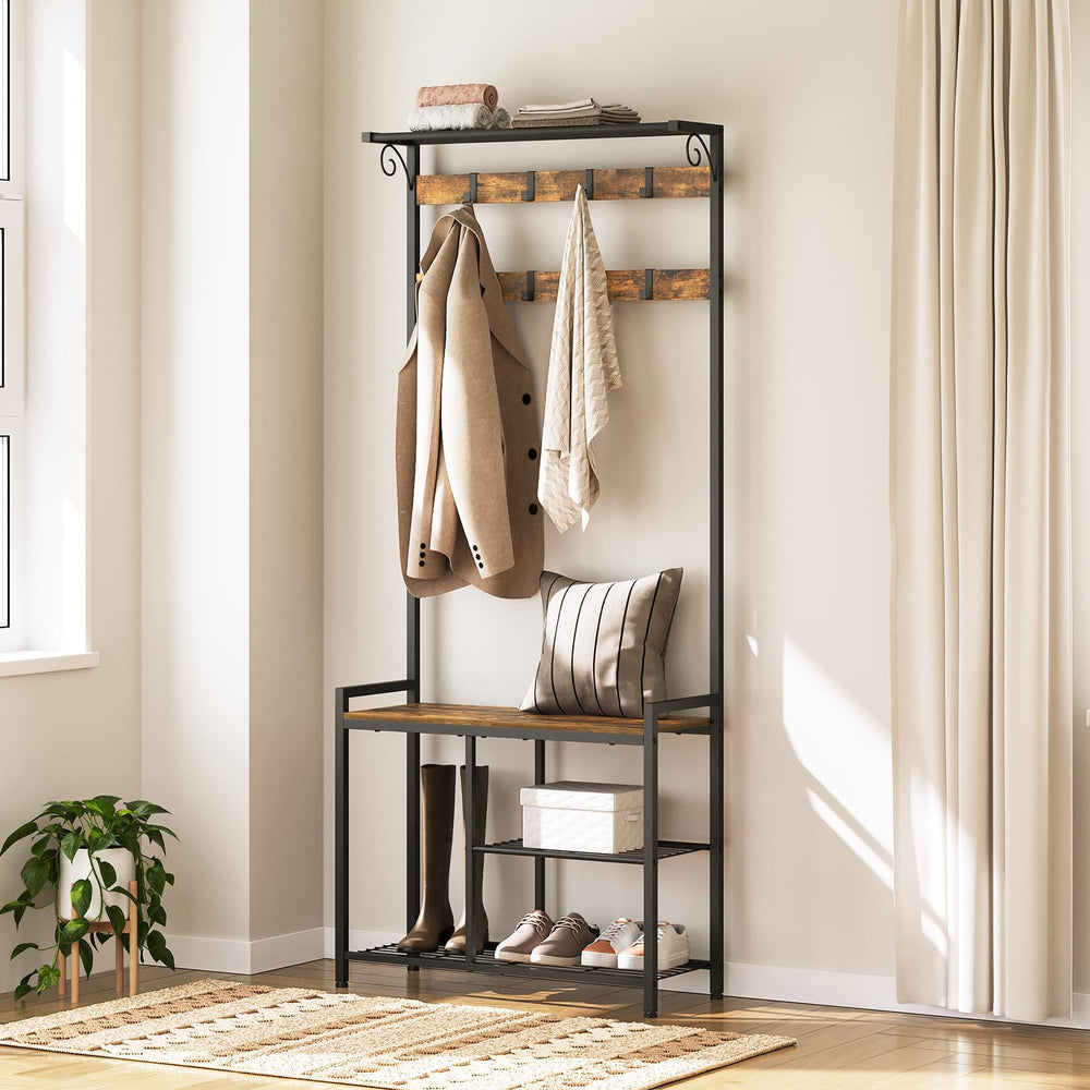 4-in-1 Hall Tree with Coat Rack, Shoe Bench & Storage Shelves
