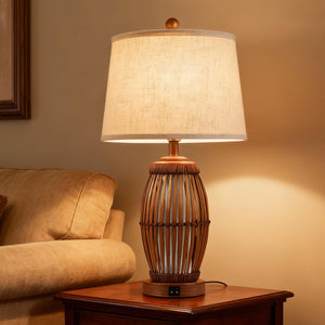 Bamboo Woven Table Lamp Set of 2 with Nightlight & USB Ports