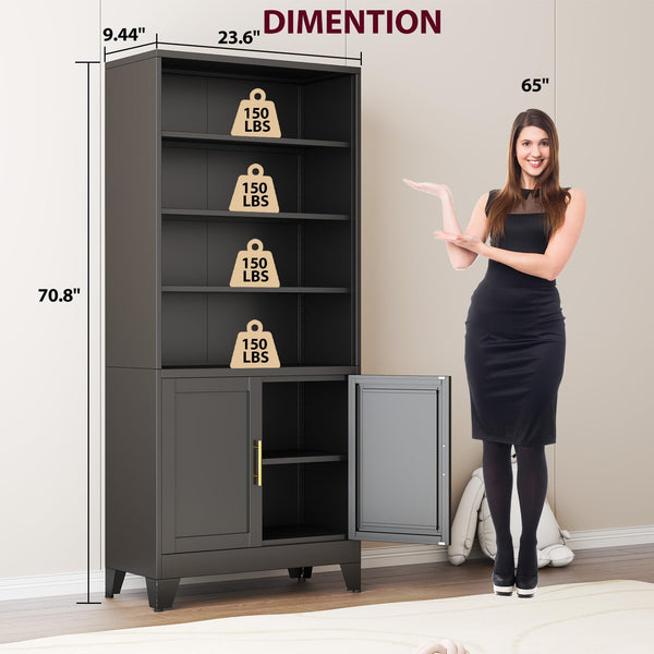 6-Tier Metal Bookcase with Doors – Floor Standing Storage Shelf