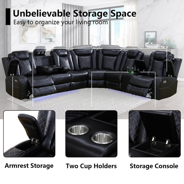 Black Leather Power Reclining Sectional Sofa
