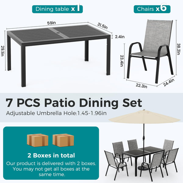 7-Piece Outdoor Patio Dining Set – Steel Slat Table & Textilene Chairs