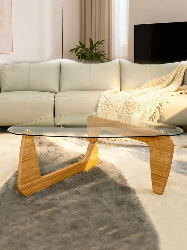Triangle Tempered Glass Coffee Table with Wood Legs