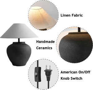 Black Ceramic Farmhouse Table Lamp with Fabric Shade
