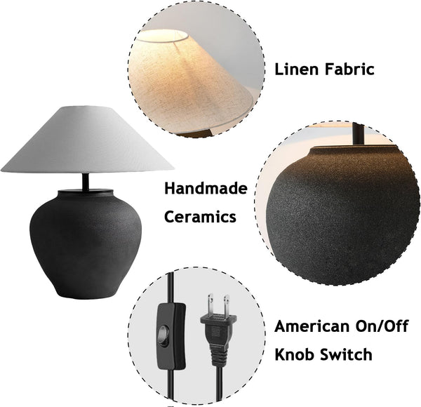 Black Ceramic Farmhouse Table Lamp with Fabric Shade