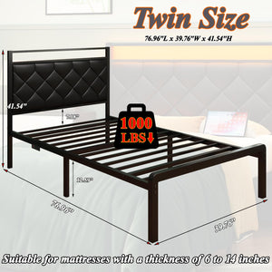 Twin Bed Frame with LED Lights, Charging Station & Upholstered Headboard
