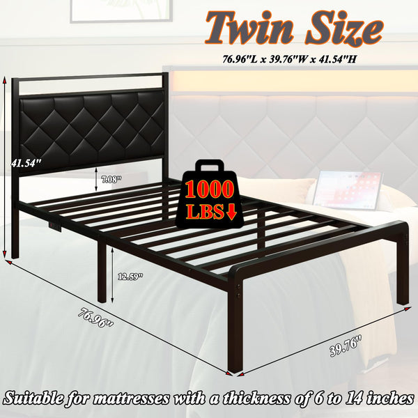 Twin Bed Frame with LED Lights, Charging Station & Upholstered Headboard