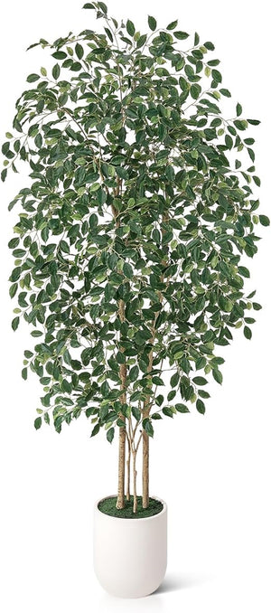 Artificial Ficus Tree – Tall Faux Indoor Floor Plant with White Planter