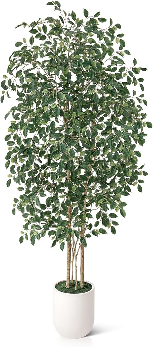 Artificial Ficus Tree – Tall Faux Indoor Floor Plant with White Planter