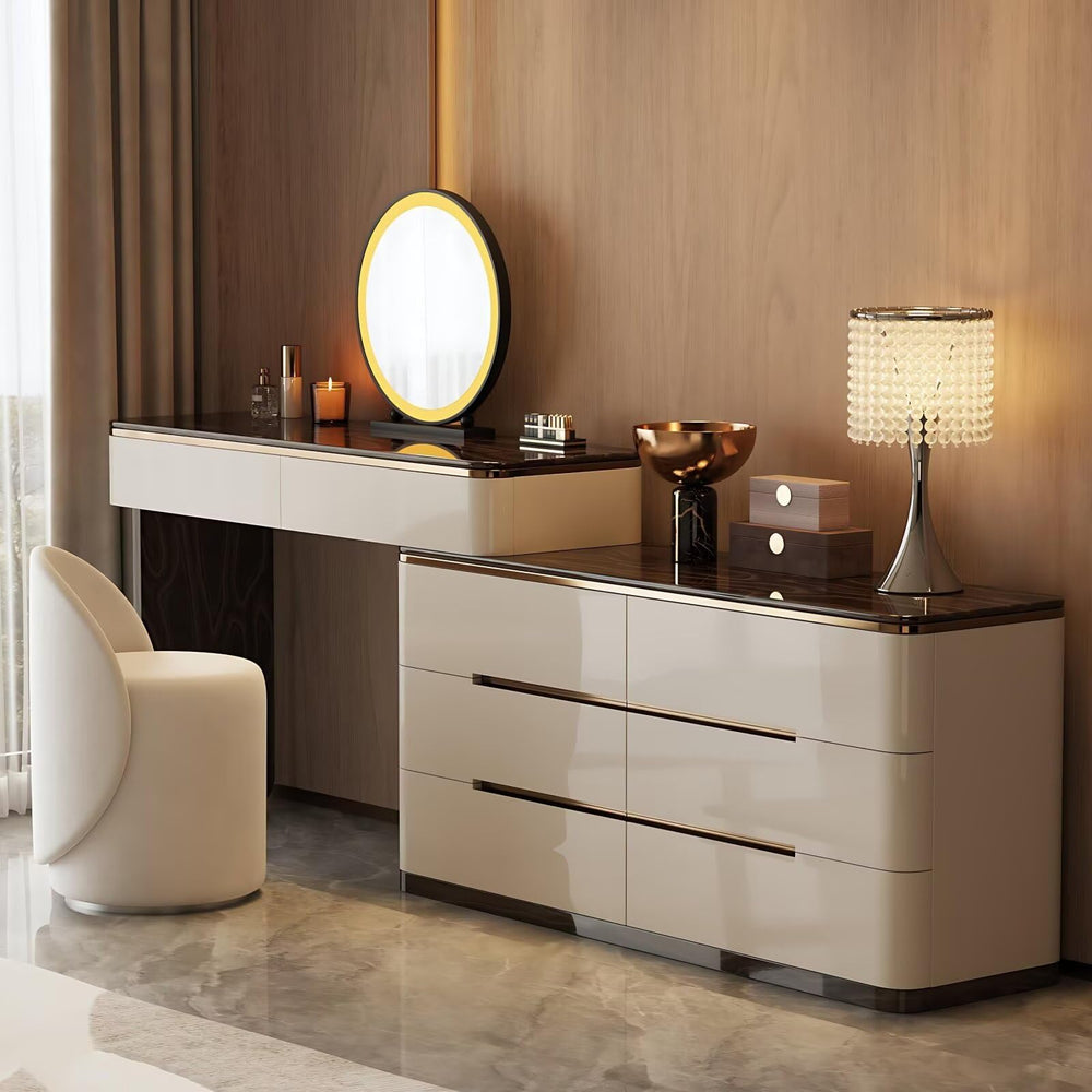 Modern Makeup Vanity Desk with LED Mirror, Stool & 8 Drawers