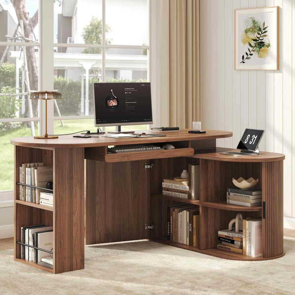 L-Shaped Rotating Computer Desk with Storage Cabinet, Keyboard Tray & Power Outlet – 60 Inch