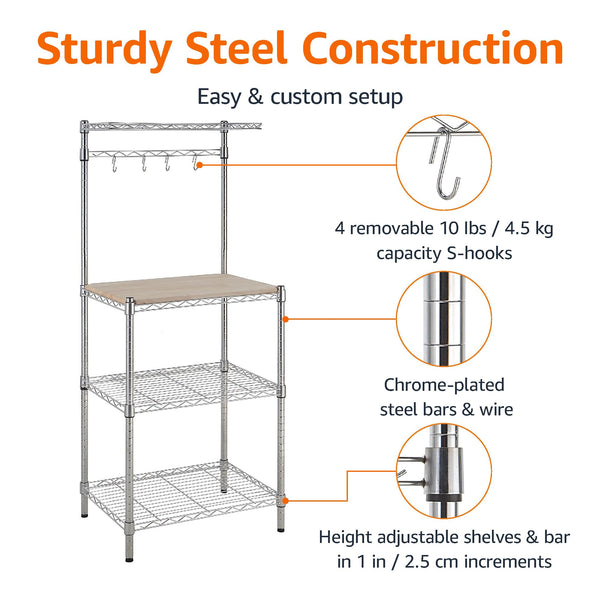 Kitchen Baker's Rack with Wood Countertop & Wire Shelves