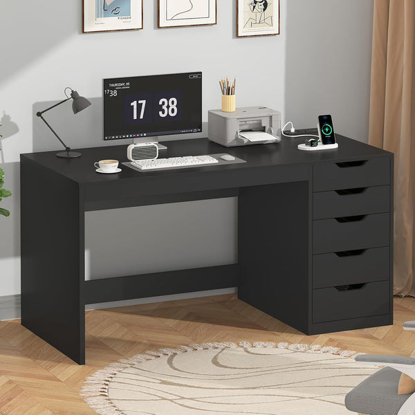 47-Inch Computer Desk with 5 Drawers & Power Outlets