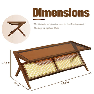 Bamboo Glass Top Coffee Table with Rattan Shelf