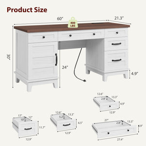 60-Inch Executive Desk with File Drawers & Charging Station