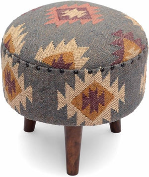 Round Jute Pouf Ottoman with Wooden Legs