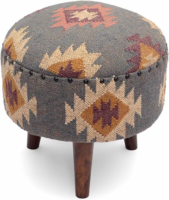 Round Jute Pouf Ottoman with Wooden Legs
