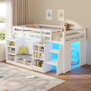 Twin Low Loft Bed with Storage, LED Lights & Reading Nook