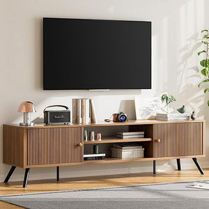 Mid-Century Modern TV Stand with Fluted Door Cabinets