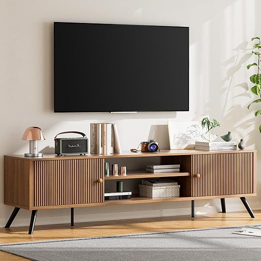 Mid-Century Modern TV Stand with Fluted Door Cabinets
