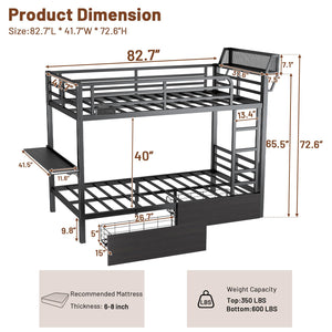 Metal Bunk Bed with Foldable Desk, LED Lights & Charging Station