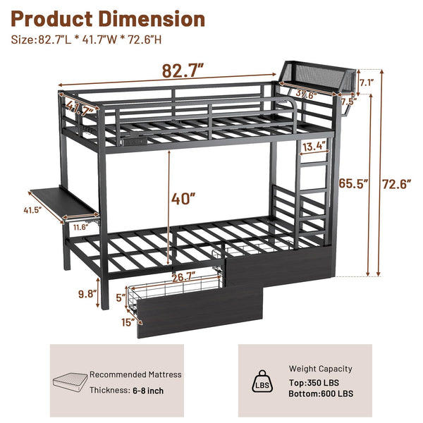 Metal Bunk Bed with Foldable Desk, LED Lights & Charging Station