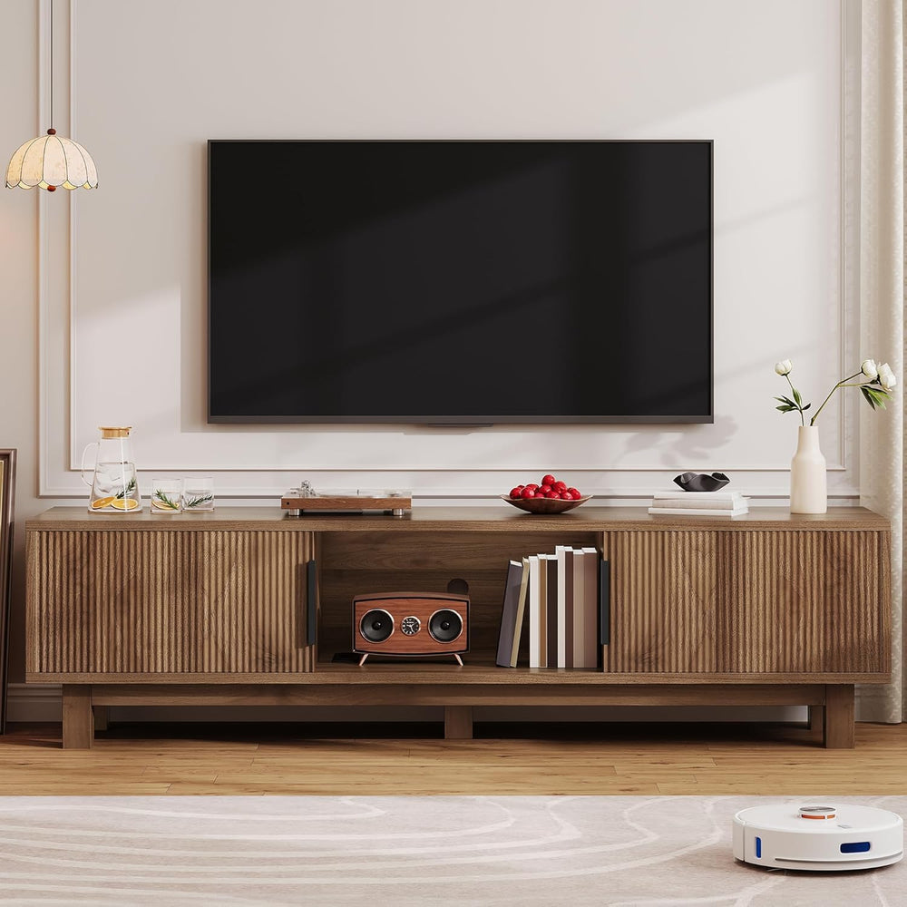Fluted TV Stand with Power Outlets & Adjustable Shelves for 55–65 Inch TVs