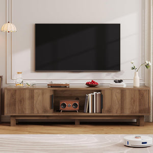 Fluted TV Stand with Power Outlets & Adjustable Shelves for 55–65 Inch TVs