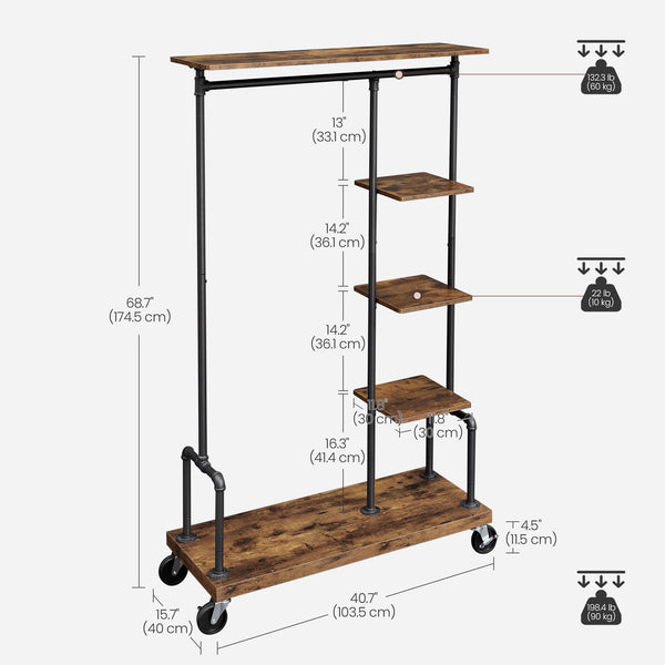 Industrial Clothing Rack with Wheels & 5-Tier Shelves