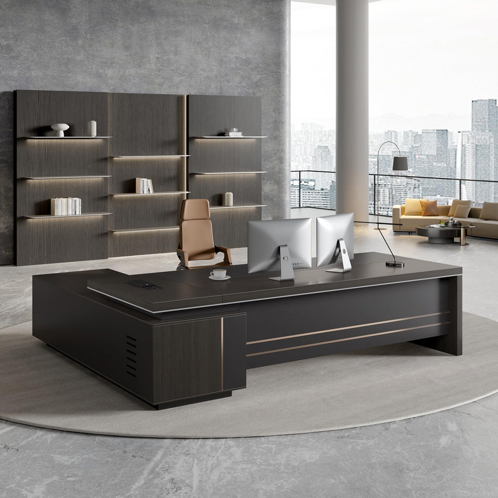 L-Shaped Executive Desk with Power Outlets, Drawers & Storage Shelves