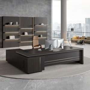 L-Shaped Executive Desk with Power Outlets, Drawers & Storage Shelves