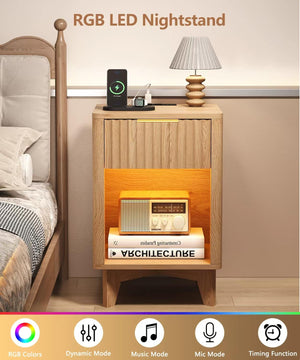 Fluted Nightstand with Charging Station & LED Light