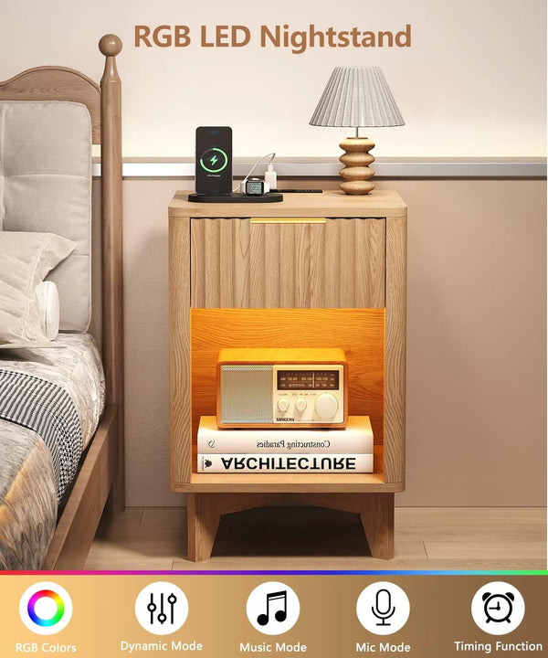 Fluted Nightstand with Charging Station & LED Light