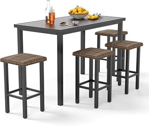 5-Piece Patio Bar Set with Metal Table & 4 Wicker Bar Stools