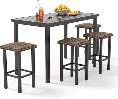 5-Piece Patio Bar Set with Metal Table & 4 Wicker Bar Stools