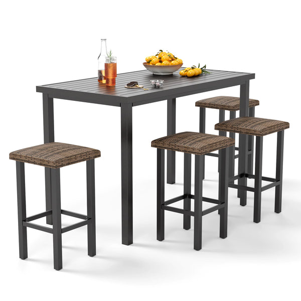 5-Piece Patio Bar Set with Metal Table & 4 Wicker Bar Stools