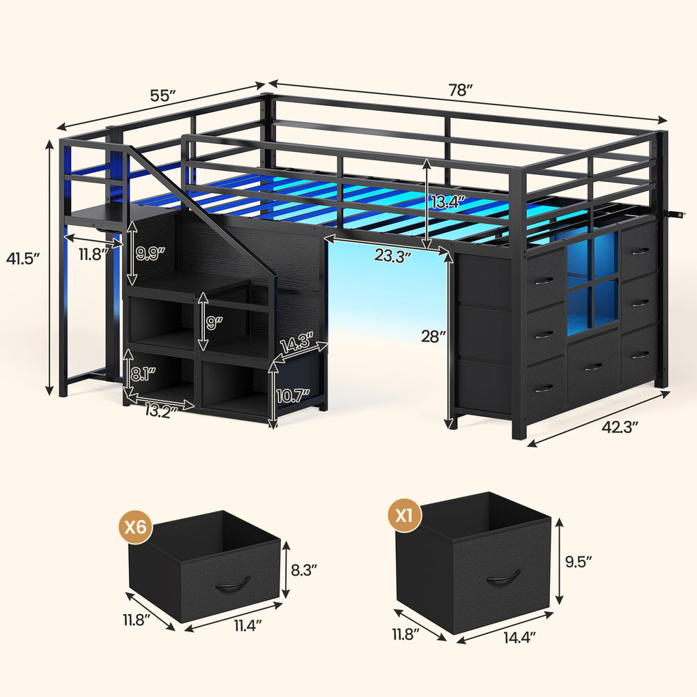 Kids Low Loft Bed Twin with Stairs, LED Lights & Storage