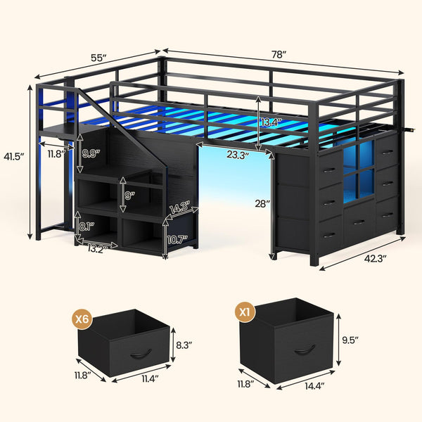 Kids Low Loft Bed Twin with Stairs, LED Lights & Storage