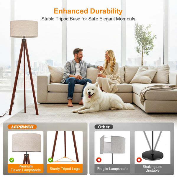 Wood Tripod Floor Lamp with Linen Shade