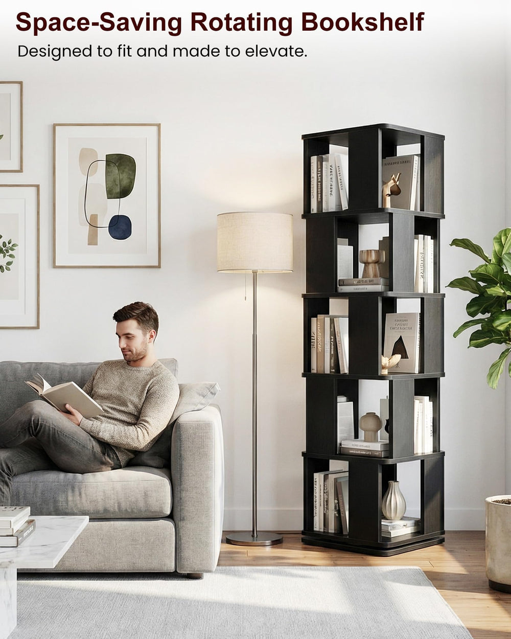5-Tier Rotating Bookshelf with 360° Swivel Base