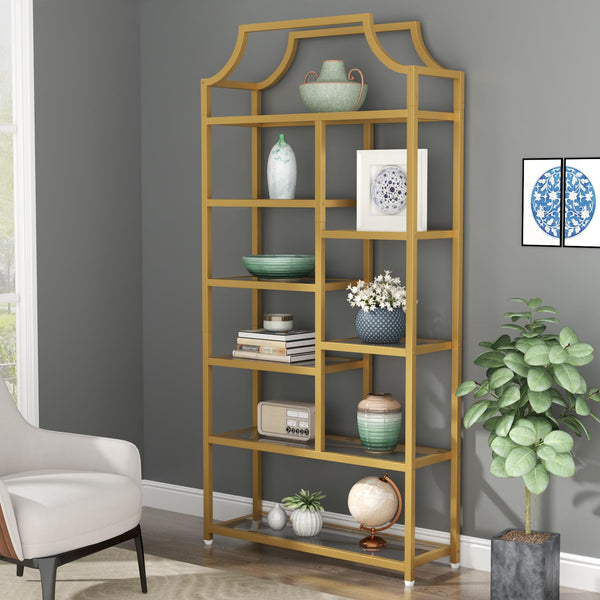 8-Shelf Tempered Glass Etagere Bookcase – Gold
