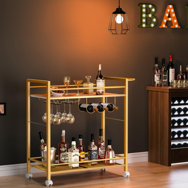 2-Tier Rolling Bar Cart with Wine Rack