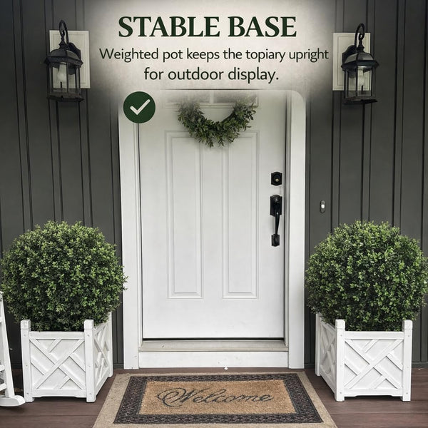 Artificial Boxwood Topiary Trees Set of 2 – UV Resistant Faux Plants in Pots