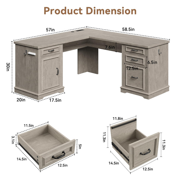 L-Shaped Farmhouse Executive Desk with Drawers & Charging Station