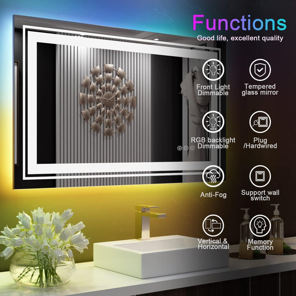 48"x40" LED Bathroom Mirror with RGB Backlit, Anti-Fog & Dimmer