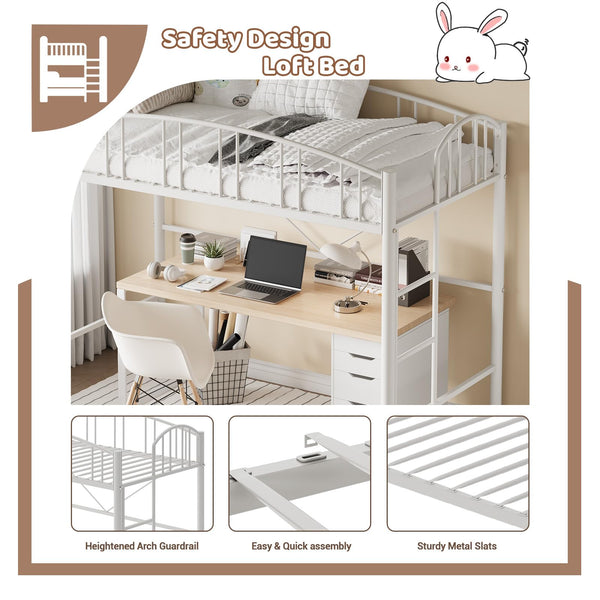 Metal Loft Bed Twin Size with Guardrail & Ladder
