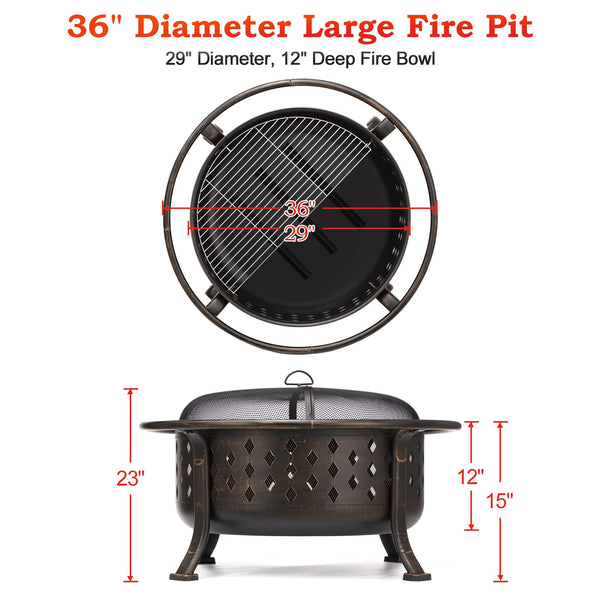 Round Wood Burning Fire Pit with BBQ Grill Grate