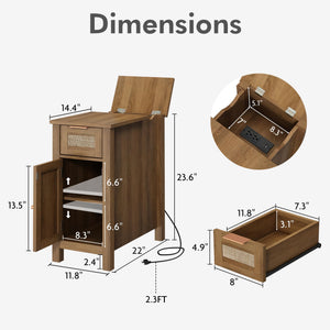 Narrow End Table with Charging Station – Midcentury Rattan Side Table with USB Ports & Storage