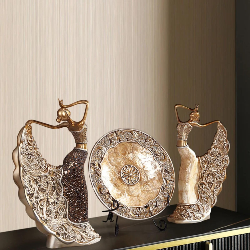 3PCS Peacock Dancer Figurines Statue Set – Gold Resin Sculpture