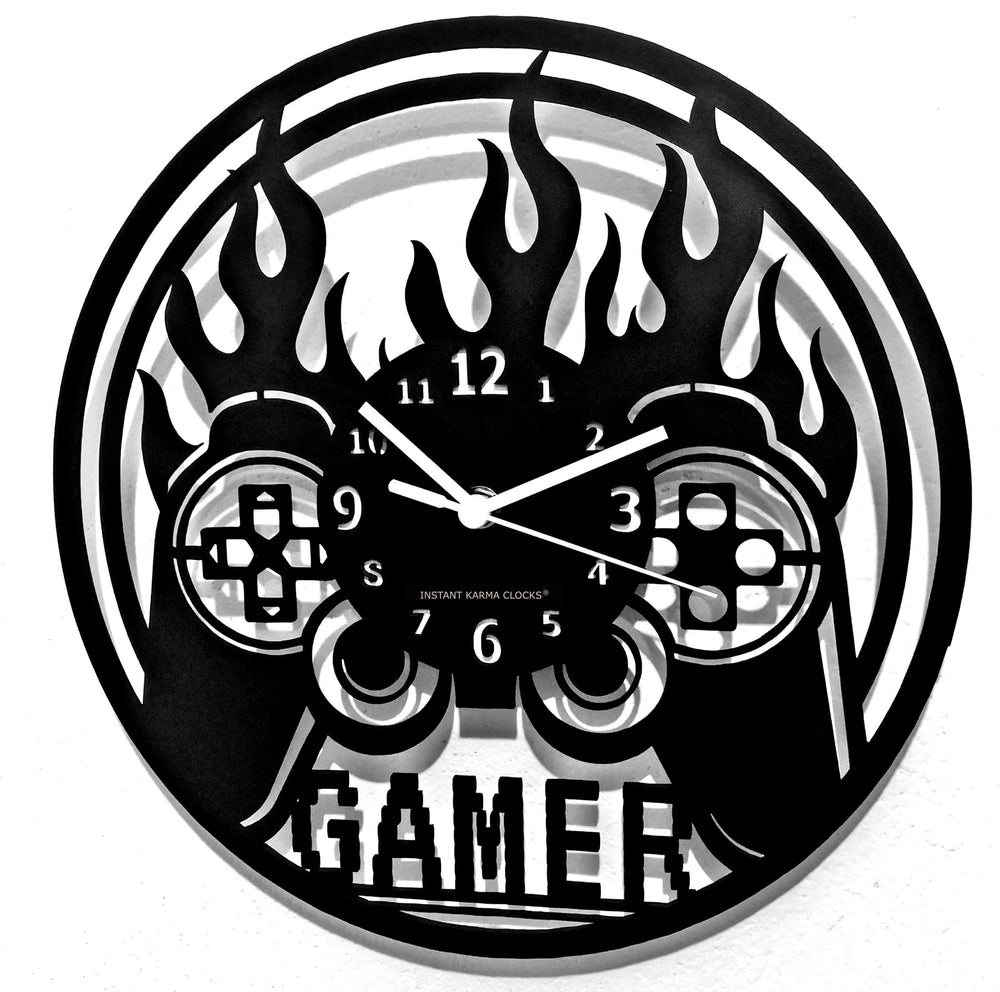 Gamer Joystick Controller Video Game Wall Clock 12 Inch Black Wood